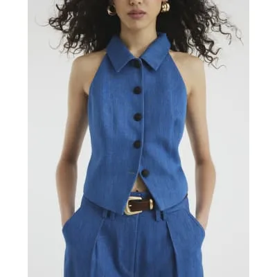 Blue Denim High Neck Collared Waistcoat sold by River Island