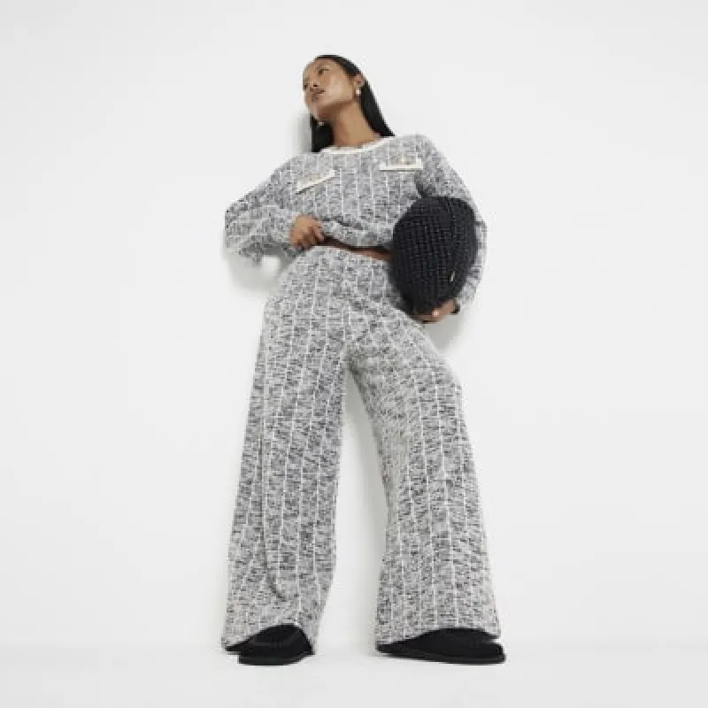 Petite Grey Boucle Wide Leg Trousers sold by River Island