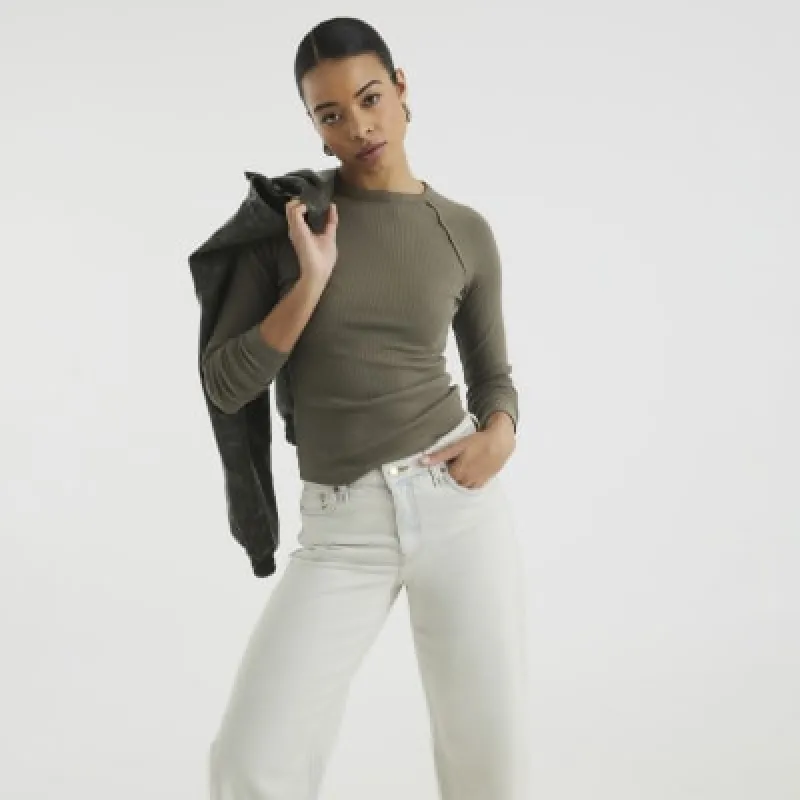 Khaki Long Sleeve Ribbed Raglan Top sold by River Island