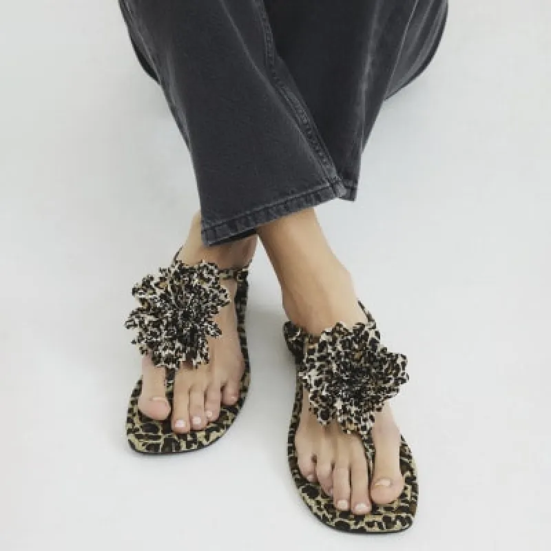 Brown Leopard Flower Toe Thong Flat Sandals sold by River Island