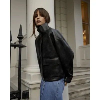 River Island Womens Black Funnel Neck Faux Leather Bomber Jacket sold by River Island