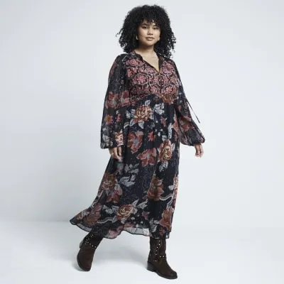 Plus Black Chiffon Floral Smock Midi Dress sold by River Island