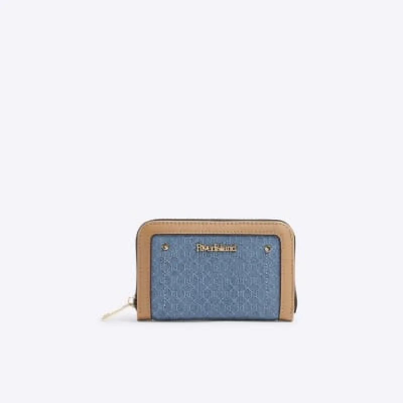 Blue Denim Monogram Zip Around Purse sold by River Island