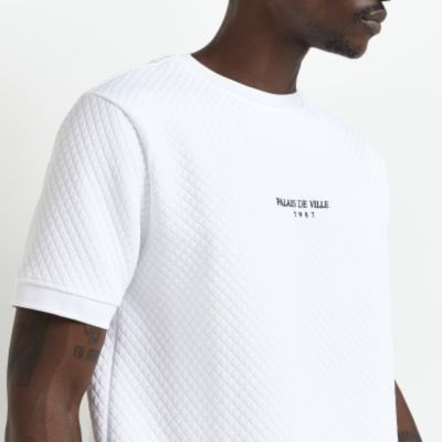 White Slim fit quilted embroidered t-shirt sold by River Island