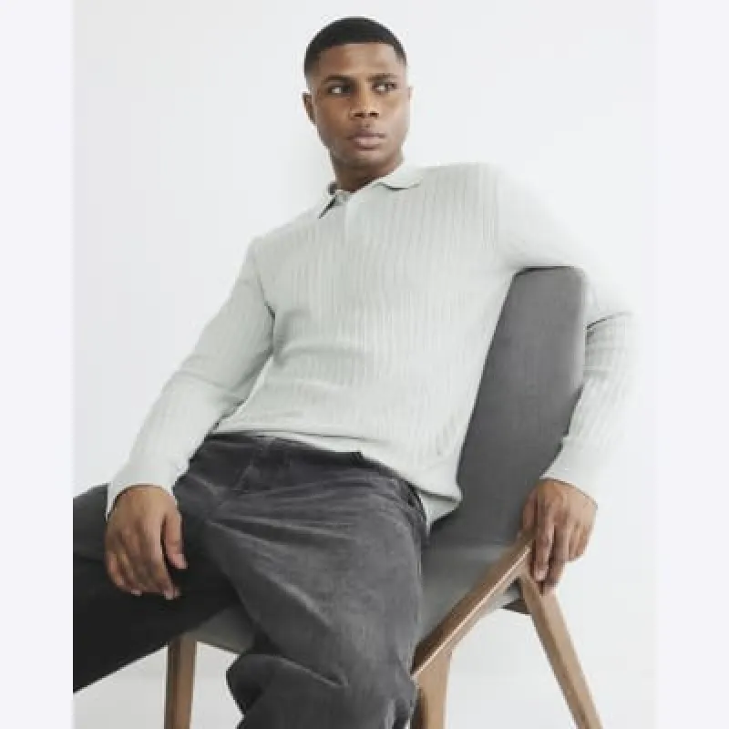 Grey Long Sleeve Knit Polo Shirt sold by River Island
