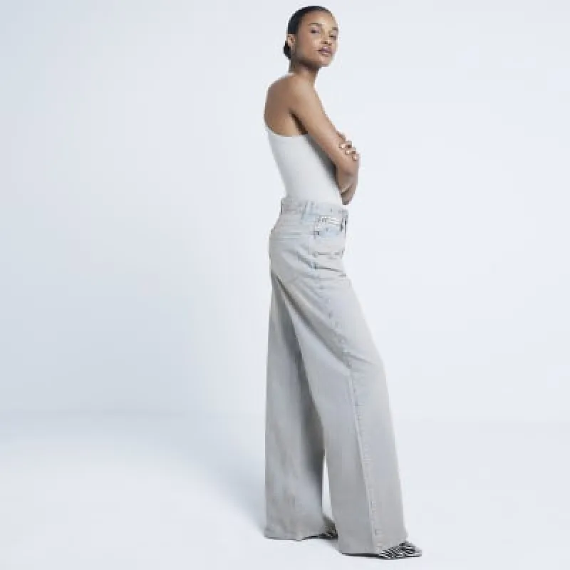 Grey studded high rise wide leg jeans made by River Island