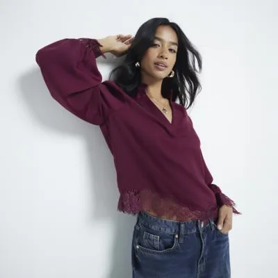 Petite red long sleeve lace insert blouse sold by River Island