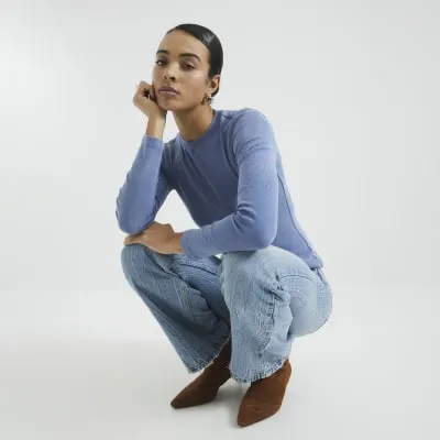 Blue Long Sleeve Seam Front Top sold by River Island