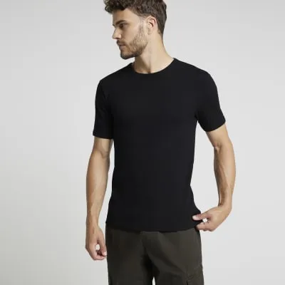 Black muscle fit stretch ribbed t-shirt sold by River Island