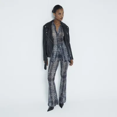 Grey Snake Print Mesh Trousers sold by River Island