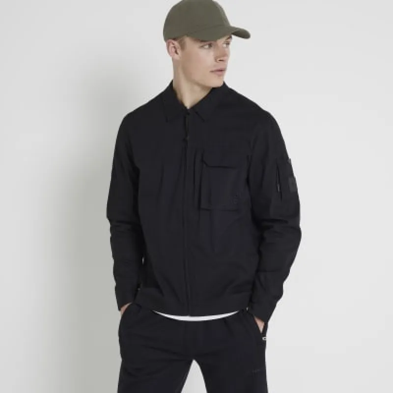 Black regular fit utility tech shacket sold by River Island
