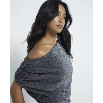 Petite Black Metallic Off Shoulder Drape Top sold by River Island