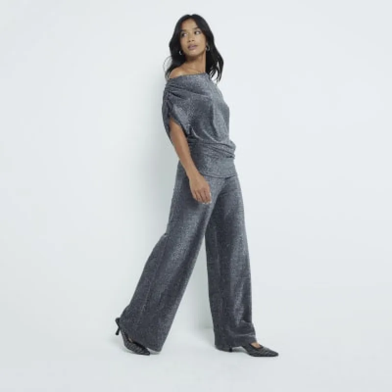 Petite Black Metallic Wide Leg Trousers sold by River Island