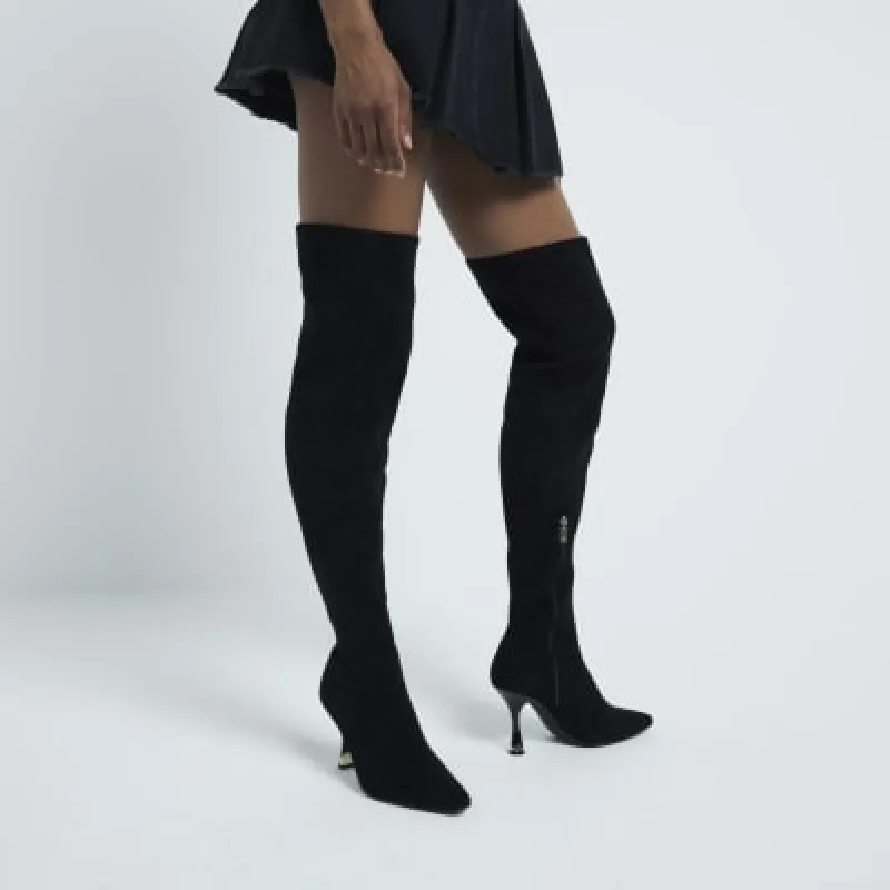Black Thigh high heeled Sock Boots sold by River Island