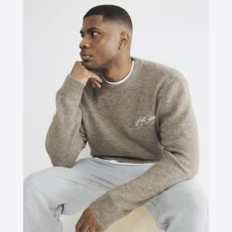 Brown Wool Long Sleeve Graphic Sweatshirt sold by River Island