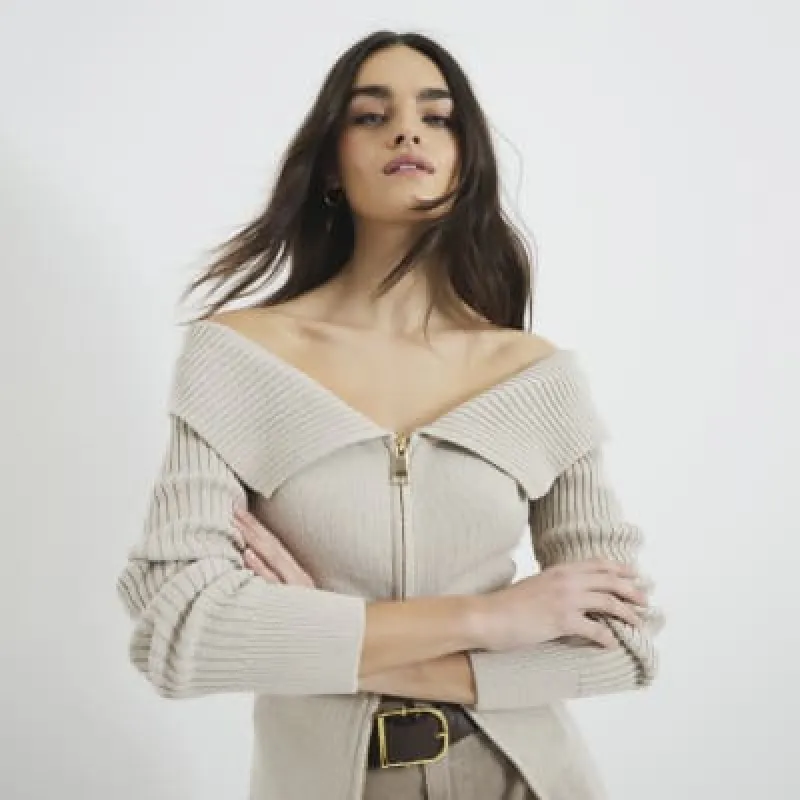 Beige Bardot Zip Jumper sold by River Island