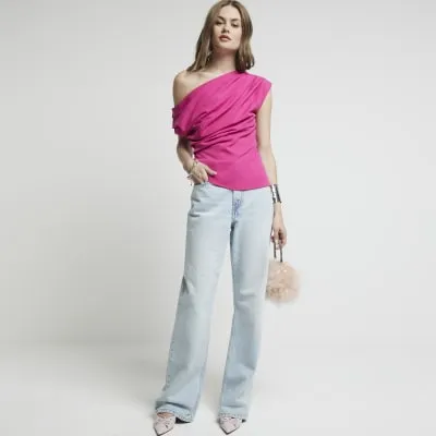Bright Pink off shoulder drape top sold by River Island
