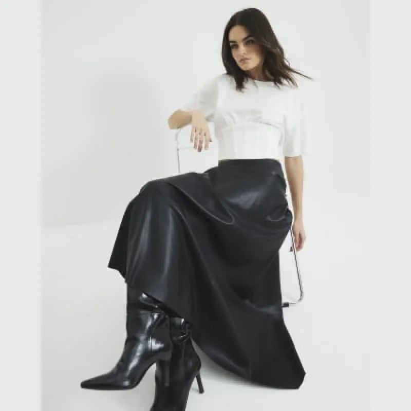 Black Faux Leather Asymmetric Hem Midi Skirt sold by River Island