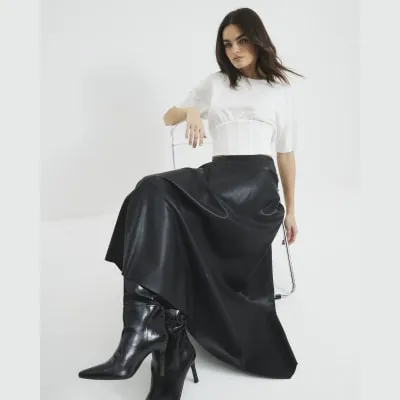 Black Faux Leather Asymmetric Hem Midi Skirt sold by River Island