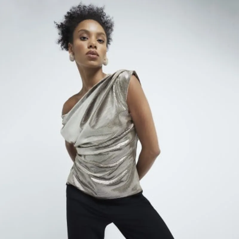 Gold Drape Velvet Embellished Top sold by River Island