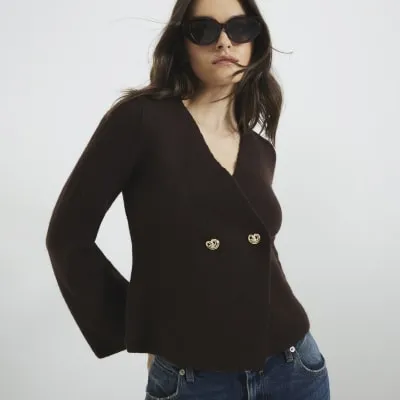 Brown Long Sleeve Asymmetric Button Cardigan sold by River Island