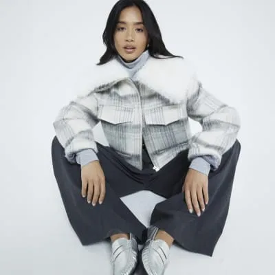 Petite Grey Check Faux Fur Collar Crop Jacket sold by River Island