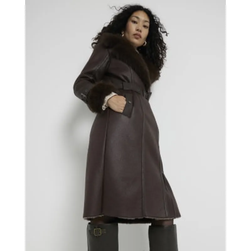 Brown Longline Buckled Biker Coat sold by River Island