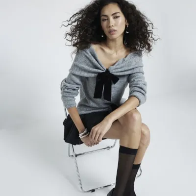 Grey Long Sleeve Bardot Bow Jumper sold by River Island