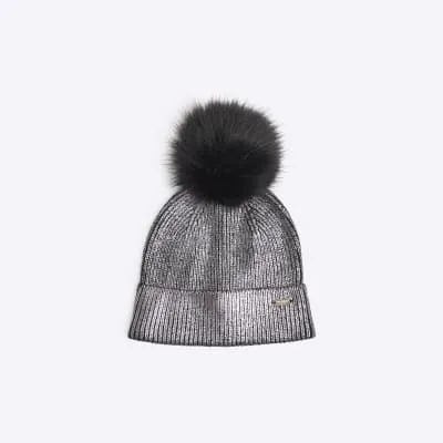 Black Metallic Pom Pom Beanie Hat sold by River Island