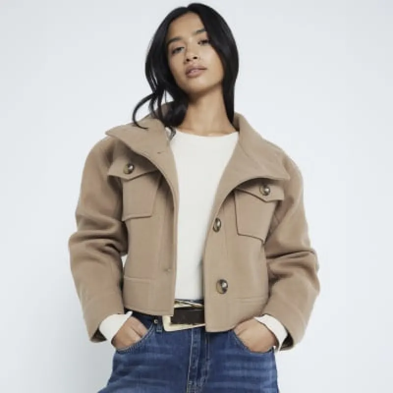 Petite Brown Funnel Neck Cropped Jacket sold by River Island