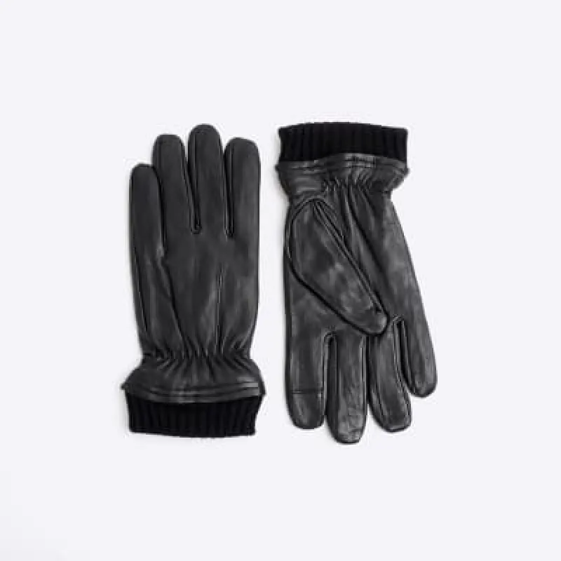 Black Leather Rib Cuff Gloves sold by River Island