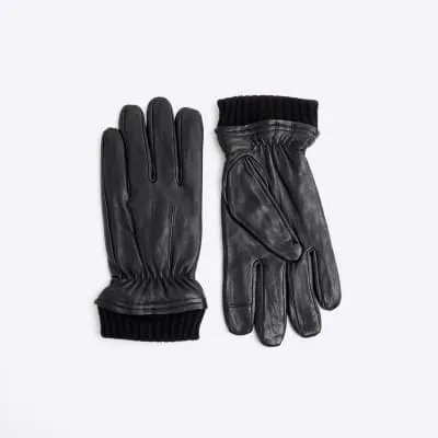 Black Leather Rib Cuff Gloves sold by River Island