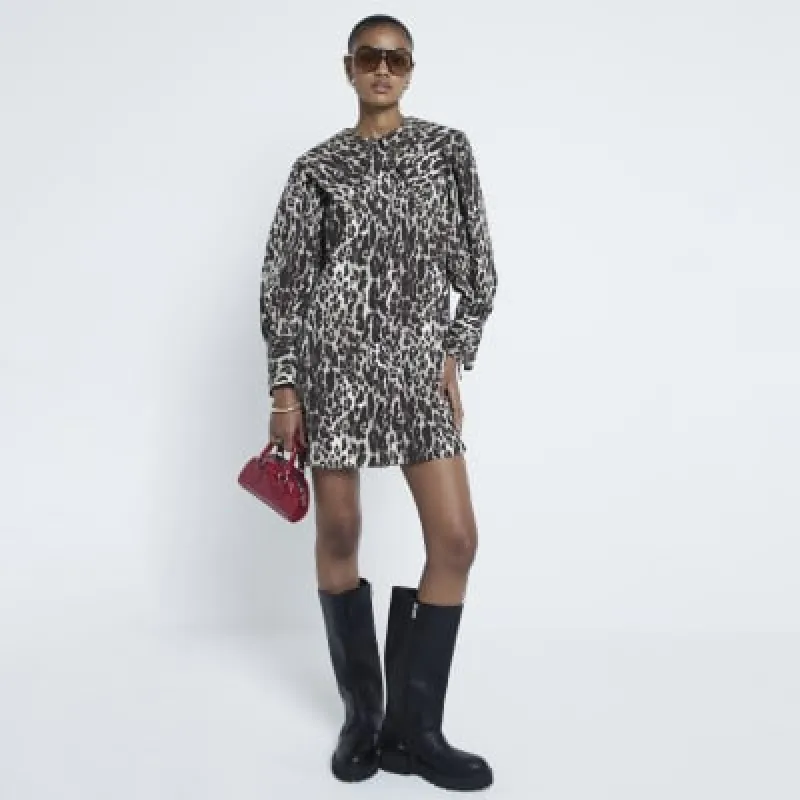 Brown Leopard Large Collar Mini Shirt Dress sold by River Island