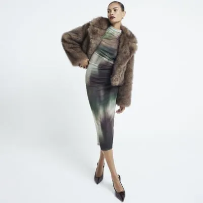 Green Long Sleeve Mesh Drape Ombre Midi Dress sold by River Island