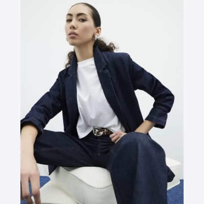 Blue Denim Relaxed Straight Turn Up Jeans made by River Island