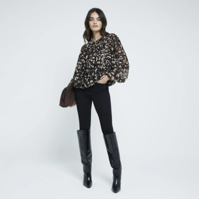 Black Leopard Print Bubble Hem Blouse sold by River Island