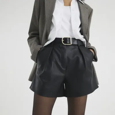 Black Faux Leather Belted Shorts sold by River Island