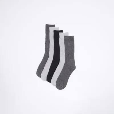 Grey 5 Pack Ribbed Ankle Socks sold by River Island