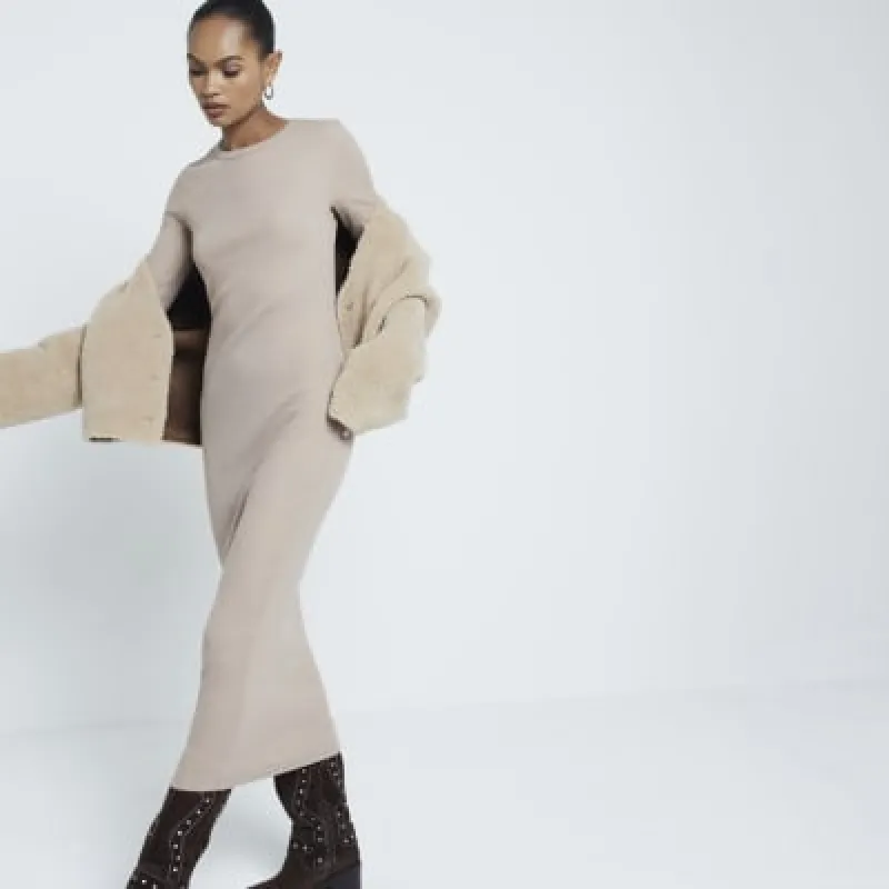 Brown Long Sleeve Ribbed Midi Dress sold by River Island