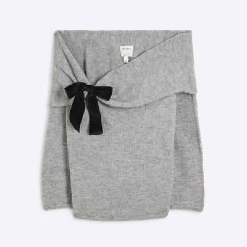 Plus Grey Long Sleeve Bardot Bow Jumper sold by River Island