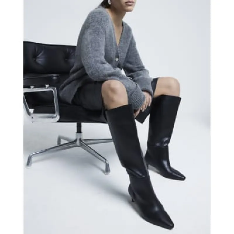 Black Knee High Kitten Heel Boots sold by River Island