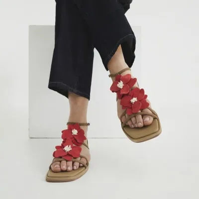 Red Flower Embellished Flat Sandals sold by River Island
