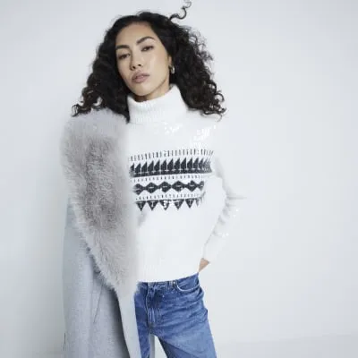 White Sequin Fairisle Print Roll Neck Jumper sold by River Island