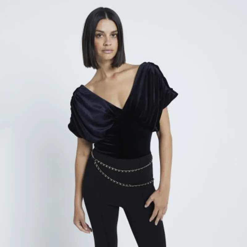 Black Velvet Short Sleeve Draped Bodysuit sold by River Island