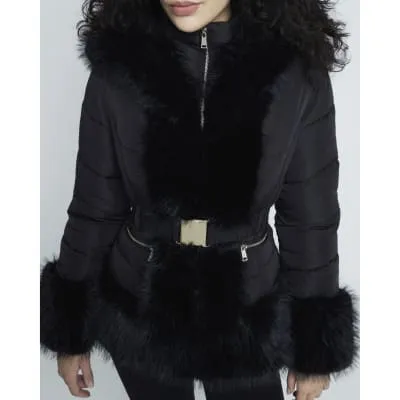 Black faux fur padded jacket sold by River Island