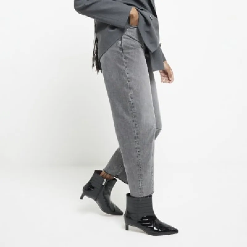 Black Wide Fit Croc Kitten Heel Ankle Boots sold by River Island