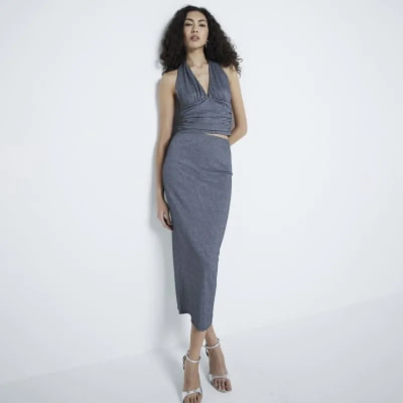 Silver Metallic Ribbed Halter Neck Top sold by River Island