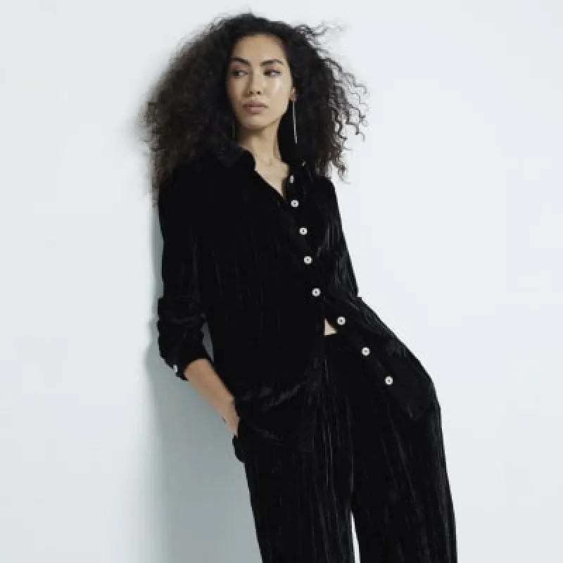 Black Long Sleeve Velvet Shirt sold by River Island