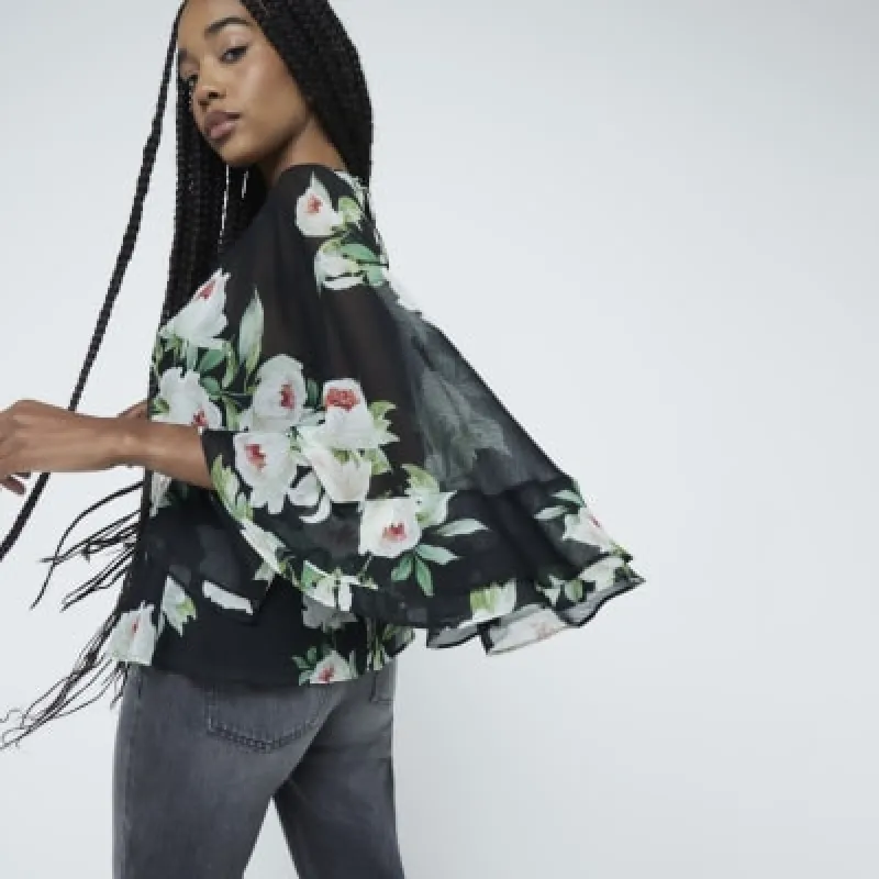 Black Floral Long Sleeve Ruffled Top sold by River Island