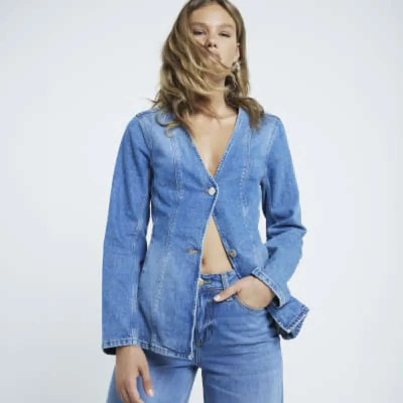 Blue denim fitted long sleeve blazer sold by River Island